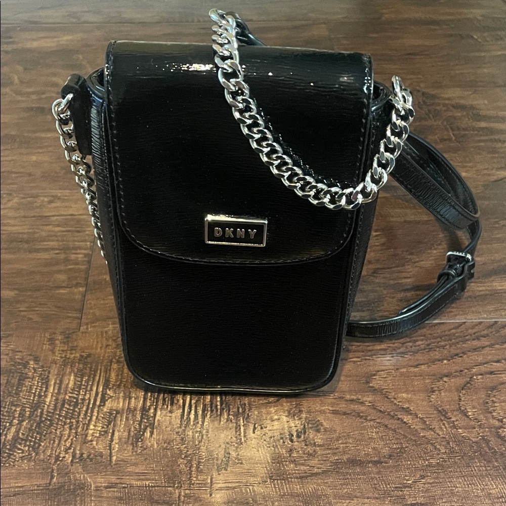 DKNY Glossy Black Mini Bag with Chain Detail